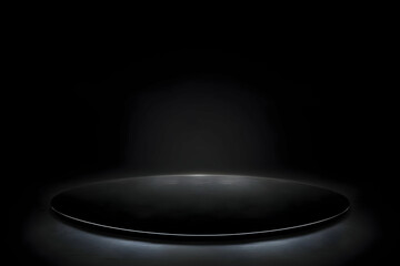 Empty Black Circular Podium Illuminated in Dark Room Background Showcase Display