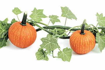 Obraz premium Two Orange Pumpkins Grow on a Vine with Green Leaves Beautifully on a White Background