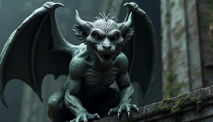 Menacing Gargoyle on Ancient Ruins: A Digital Masterpiece