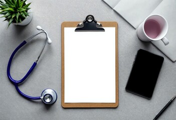 top view medical desk composition with empty clipboard