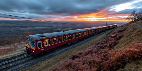 Fototapeta premium Red train climbs mountainside at sunset with cloudy sky perfectly, passengers enjoying scenic view happily.