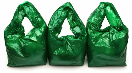 Three Green Plastic Bags Stand Upright on a White Background, Ready for Reuse or Recycling.
