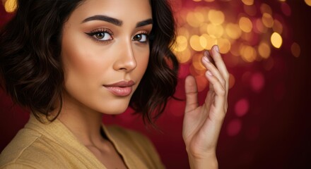 Woman in gold jacket posing with bokeh lights, red