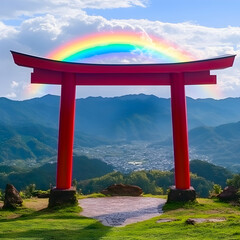 Red Torii Gate Stands Majestically beneath a Vibrant Rainbow Overlooking a Serene Valley