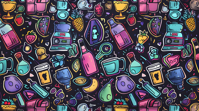 Colorful illustration of various beverages and fruits on a dark background, ideal for party themes