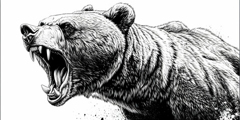 Detailed Illustration of a Roaring Bear with Sharp Teeth and Fur, Capturing a Fierce Expression Aggressively.