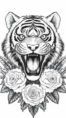 Fototapeta premium Roaring Tiger Illustration with Roses: A Detailed Monochrome Drawing of a Ferocious Tiger and Delicate Roses