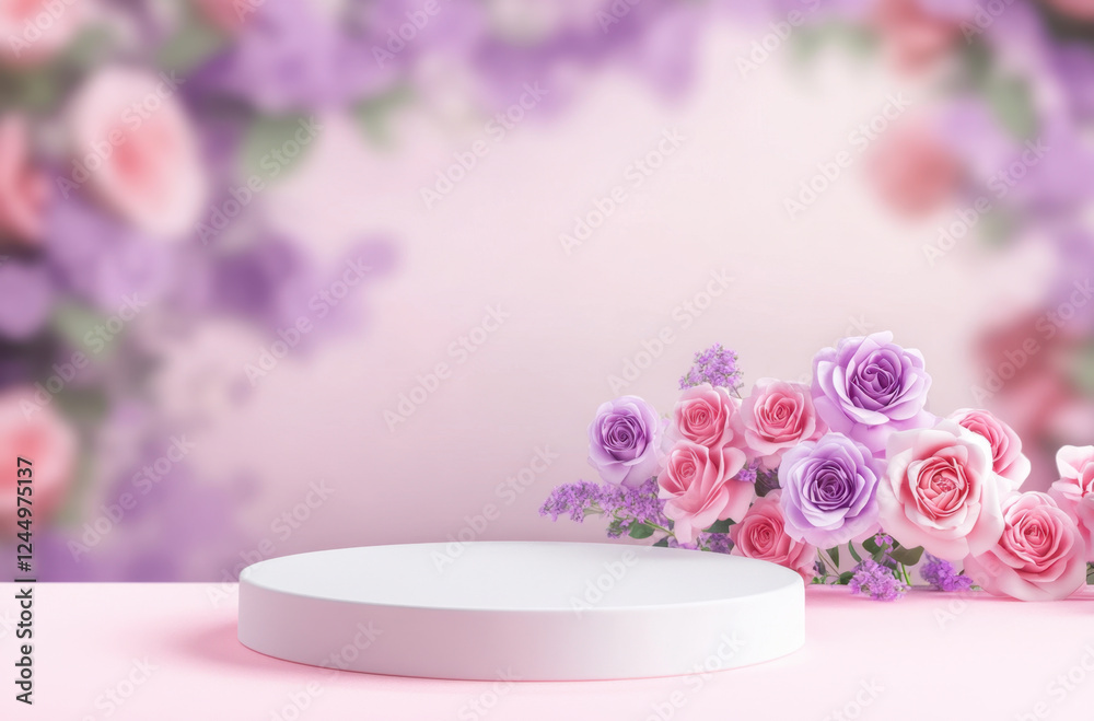 Wall mural round podium with pink and purple roses on soft background creates serene atmosphere. Perfect for showcasing products or decorations