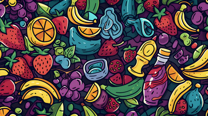 Naklejka premium Colorful illustration of various fruits and beverages arranged artistically on a dark background (1)