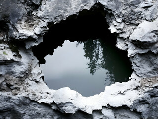 Rocky Hole Reflects a Tree in Calm Water, Nature's Artistic Canvas of Stone and Serenity