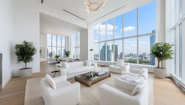 Luxurious penthouse living room, city view, modern design, relaxation