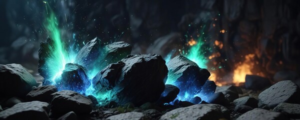 Vibrant blue and green fire sparks erupt from a mysterious stone , blue and green sparks, magical fire