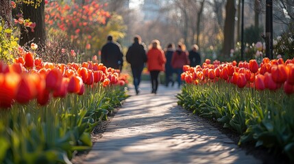 A peaceful pathway winding through rows of blooming flowers, with visitors walking leisurely in the background