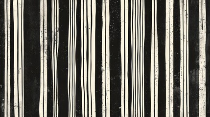 Seamless vertical pinstripe pattern made of fine wonky white stripes on a black background, presenting a simple yet classic motif with a linocut print texture in a trendy doodle line art .