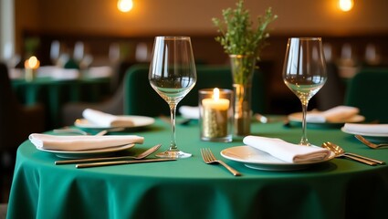 closeup of green themed fancy table setup on restaurant background