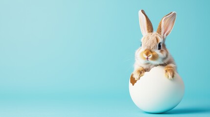 Obraz premium Fluffy bunny hatching from easter egg blue background photo