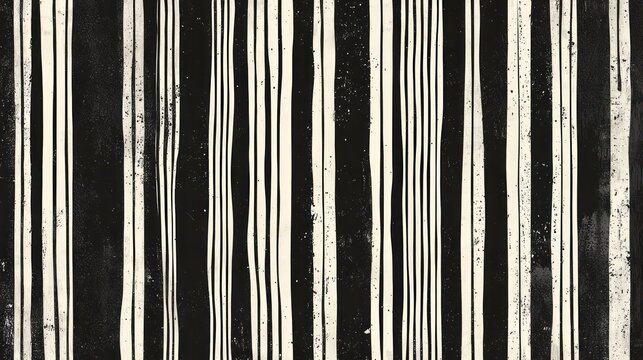 Fototapeta Seamless vertical pinstripe pattern made of fine wonky white stripes on a black background, presenting a simple yet classic motif with a linocut print texture in a trendy doodle line art .