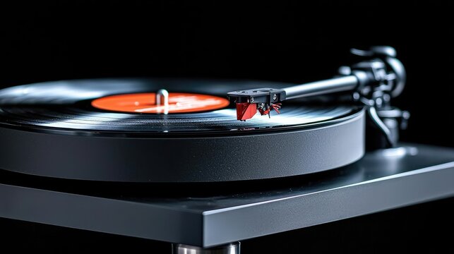 Turntable playing vinyl record, dark background, music listening