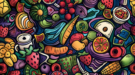 Naklejka premium Colorful illustration of various fruits and vegetables intertwined in a vibrant pattern, suitable for culinary designs