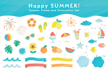 Naklejka premium 夏や海のテクスチャ感のあるイラストとフレームセット あしらい 飾り 装飾 リボン 夏休み 水彩風 波