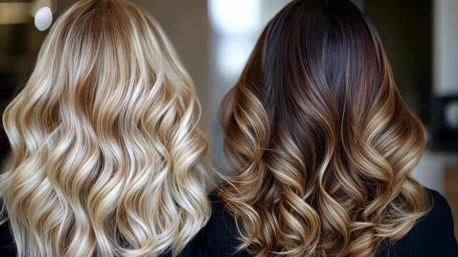 Flowing blonde brunette hair transformation with soft waves