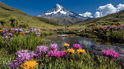 Obraz premium Majestic mountain, wildflowers, stream, Andes landscape, travel poster