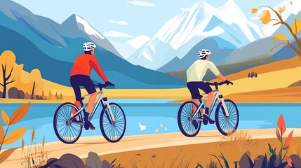 Fototapeta premium Mountain Bikers in Action: Embodying the Spirit of Travel, Sports, and an Active Lifestyle