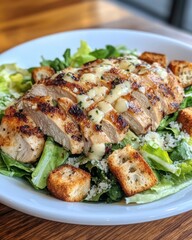 Grilled Chicken Salad with Croutons and Dressing on Fresh Greens