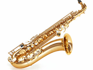 Fototapeta premium Shiny Gold Saxophone Lies Isolated on White Background for Music Instrument Concepts