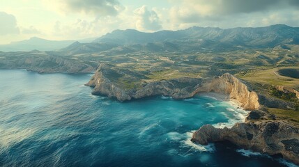 Fototapeta premium Aerial view of dramatic coastline, turquoise ocean, rocky cliffs, and green hills under a partly cloudy sky.
