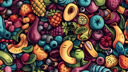 A vibrant assortment of colorful fruits and vegetables arranged in a playful pattern, showcasing freshness and abundance, ideal for food-related projects