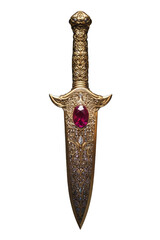 A stunning gold dagger features intricate carvings and a vibrant ruby gemstone Perfect for collectors or fantasy enthusiasts.