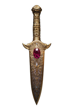 A stunning gold dagger features intricate carvings and a vibrant ruby gemstone Perfect for collectors or fantasy enthusiasts.