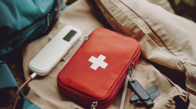 A close-up of essential travel safety gear, including a first-aid kit, portable charger, and multi-tool, neatly laid out,