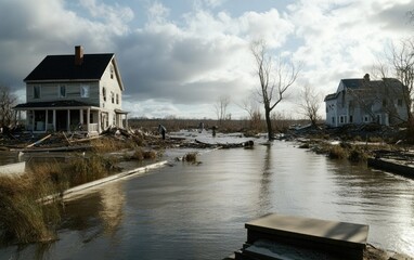 Obraz premium Two abandoned houses stand surrounded by floodwaters and debris. The scene captures the aftermath of a natural disaster, with trees bare and the sky filled with clouds, creating a somber atmosphere