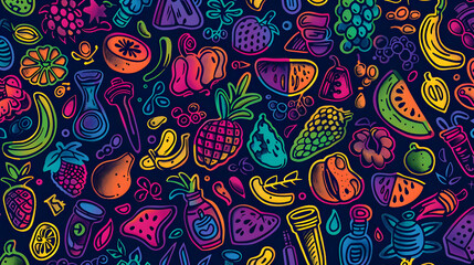Naklejka premium Colorful and vibrant illustration of assorted fruits and beverages on a dark background, suitable for design