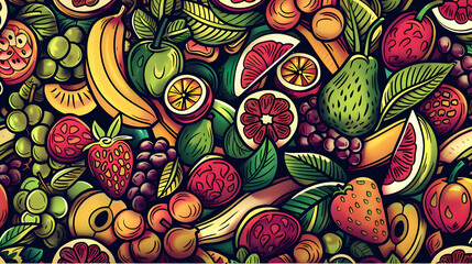 Vibrant assortment of fruits including bananas, strawberries, and grapes on a dark background