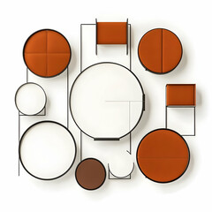 Obraz premium Modern Furniture Collection Showcases Circular and Rectangular Designs with Orange and Brown Upholstery on a White Background.