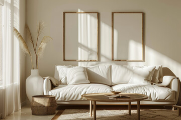 Create a serene scandinavian inspired living room with white sofa wooden coffee table blank frames and soft sunlight showcasing minimalist design elements