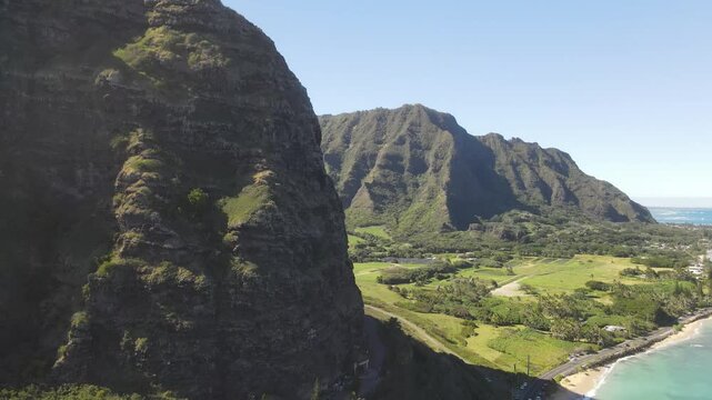 Scenic drone B-roll aerial overview of Sunset Landscape View on The Kaaawa Beach Oahu Hawaii