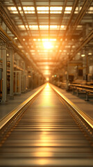 futuristic production floor with glowing tracks and warm sunlight