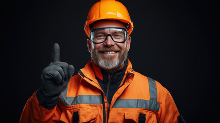 cheerful male worker in protective workwear, wearing orange helmet and gloves, smiles while raising his finger in positive gesture