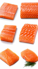 Fresh Salmon Fillets Displayed on a White Background with Detailed Textures and Vibrant Colors.