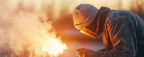 Fototapeta premium Worker in Safety Gear Handling Sparkler Flame