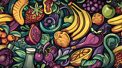 Colorful and vibrant illustration of various fruits and vegetables intertwined with leafy greens