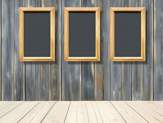 Three Empty Wooden Picture Frames Hanging on a Rustic Gray Wood Wall Above a Light Wood Floor
