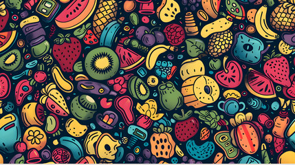 Naklejka premium Vibrant assortment of colorful fruits and vegetables in a playful, artistic pattern background