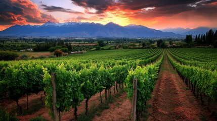 Fototapeta premium Vineyard sunset, Andes mountains backdrop