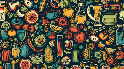 Naklejka premium Colorful array of various fruits, vegetables, and beverages artfully arranged in a vibrant pattern