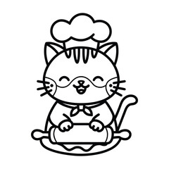 Cute Baking Cat Outline Vector - Chef Cat Kneading Dough with Rolling Pin - Kawaii